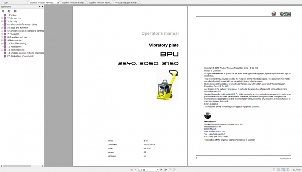 Wacker Neuson Reversible Vibratory Plates BPU3050A Operator Repair Parts Manual 0008763 1