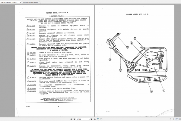 Wacker Neuson Reversible Vibratory Plates BPU3345A Operators Manual Spare Parts Catalog 1