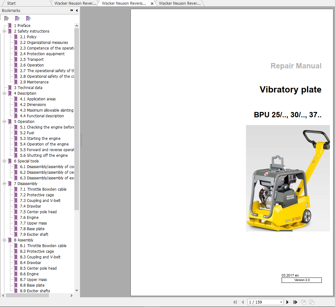 Wacker Neuson Reversible Vibratory Plates BPU3750Ats Operator Repair Parts Manual 0610423 1
