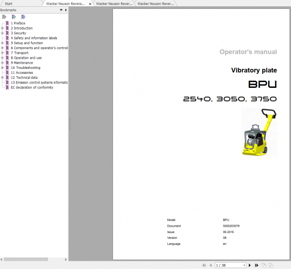 Wacker Neuson Reversible Vibratory Plates BPU3750Ats Operator Repair Parts Manual 0610423 2