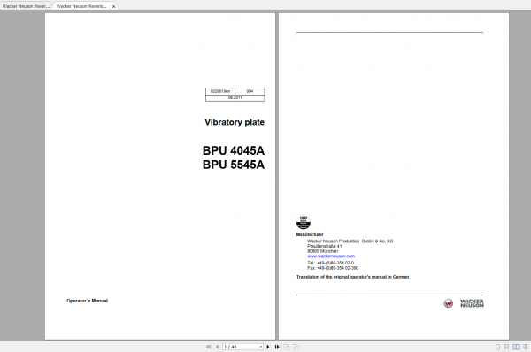 Wacker Neuson Reversible Vibratory Plates BPU5545A Operator Parts Manual 0610346 1