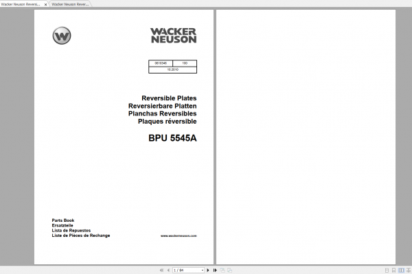 Wacker Neuson Reversible Vibratory Plates BPU5545A Operator Parts Manual 0610346 2