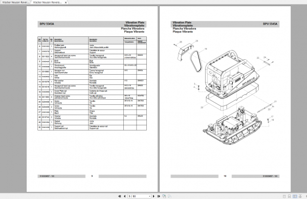 Wacker Neuson Reversible Vibratory Plates BPU5545A Operator Parts Manual 5100009657 2