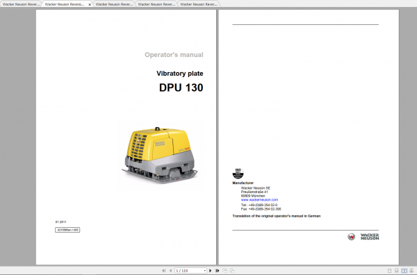 Wacker Neuson Reversible Vibratory Plates DPU 130 Le Operator Repair Parts Manual 0610143 2