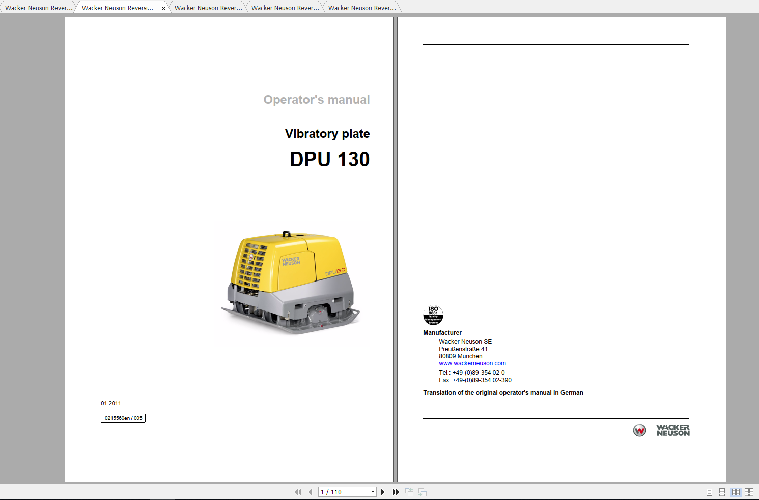 Wacker Neuson Reversible Vibratory Plates DPU 130 Le Operator Repair Parts Manual 0610143 2