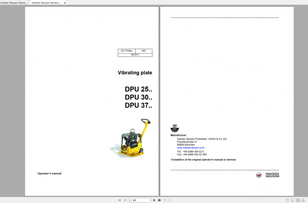 Wacker Neuson Reversible Vibratory Plates DPU 3760 Hets Operator Parts Manual 0610359 1