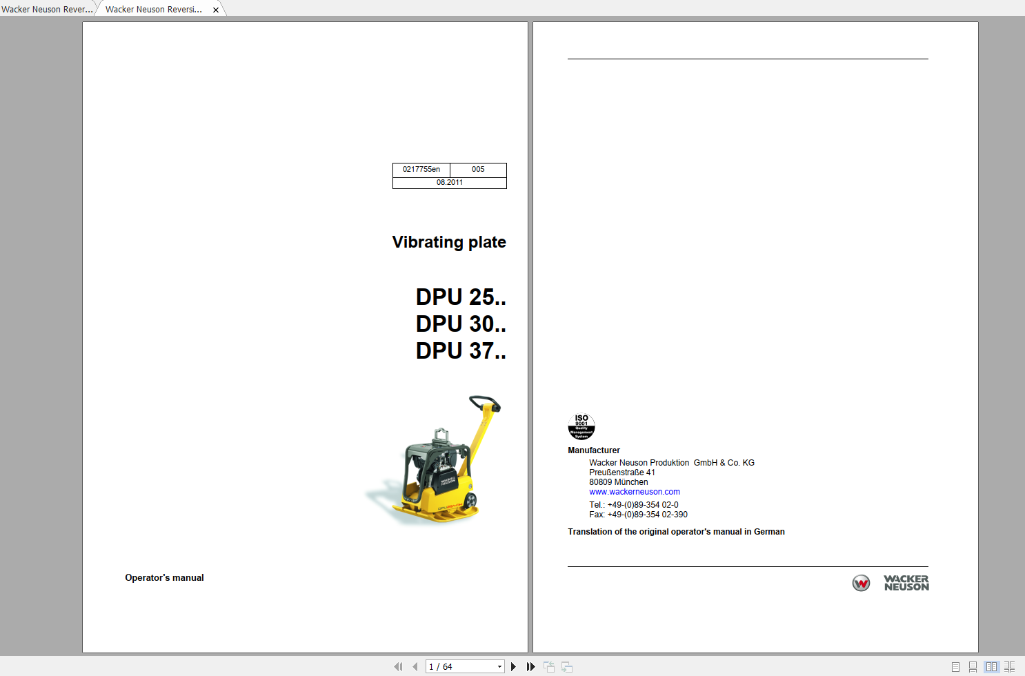 Wacker Neuson Reversible Vibratory Plates DPU 3760 Hets Operator Parts Manual 0610359 1