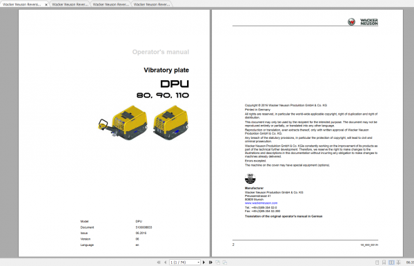 Wacker Neuson Reversible Vibratory Plates DPU110R Operator Repair Parts Manual 5100027036 1