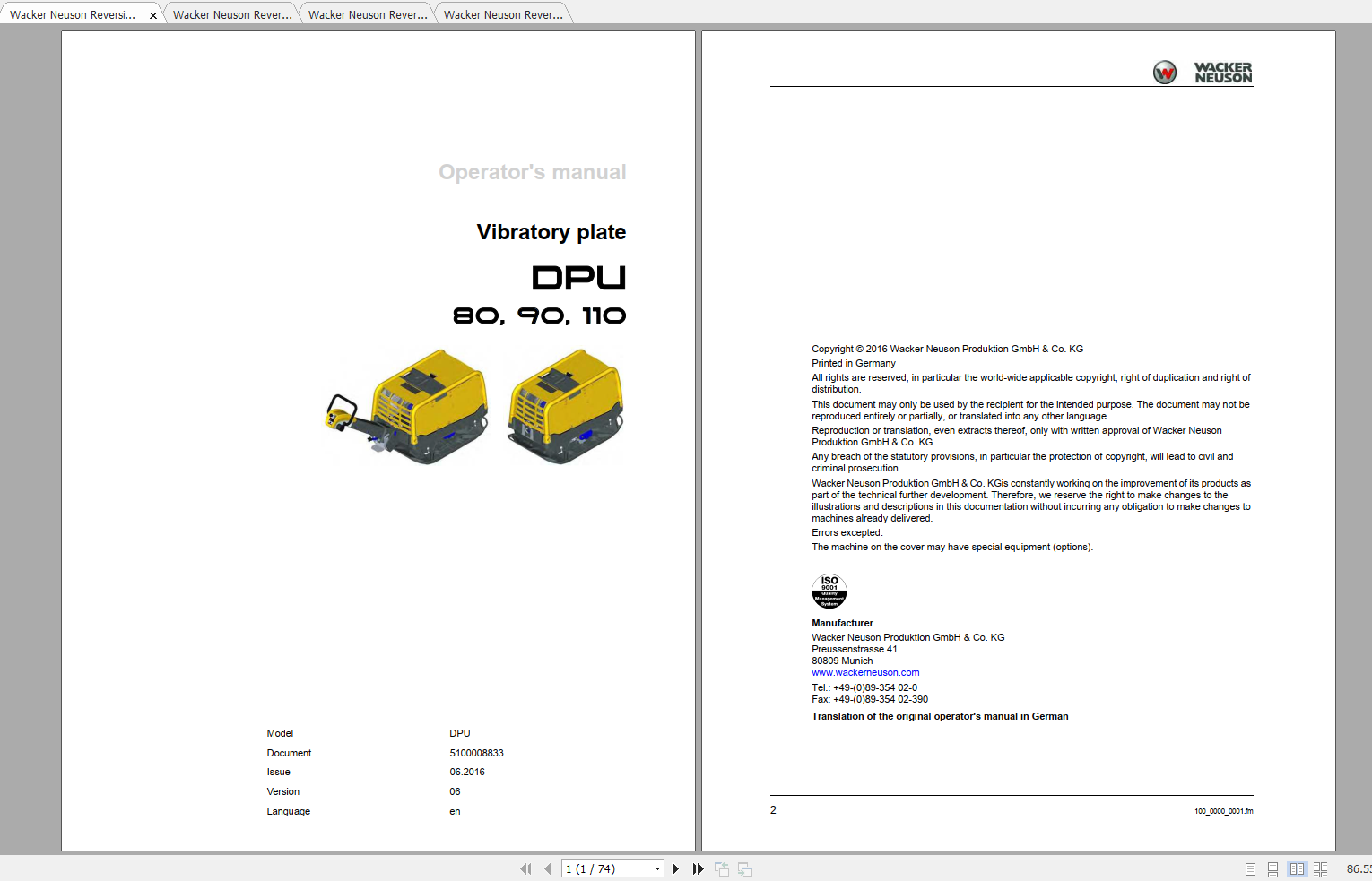 Wacker Neuson Reversible Vibratory Plates DPU110R Operator Repair Parts Manual 5100027036 1