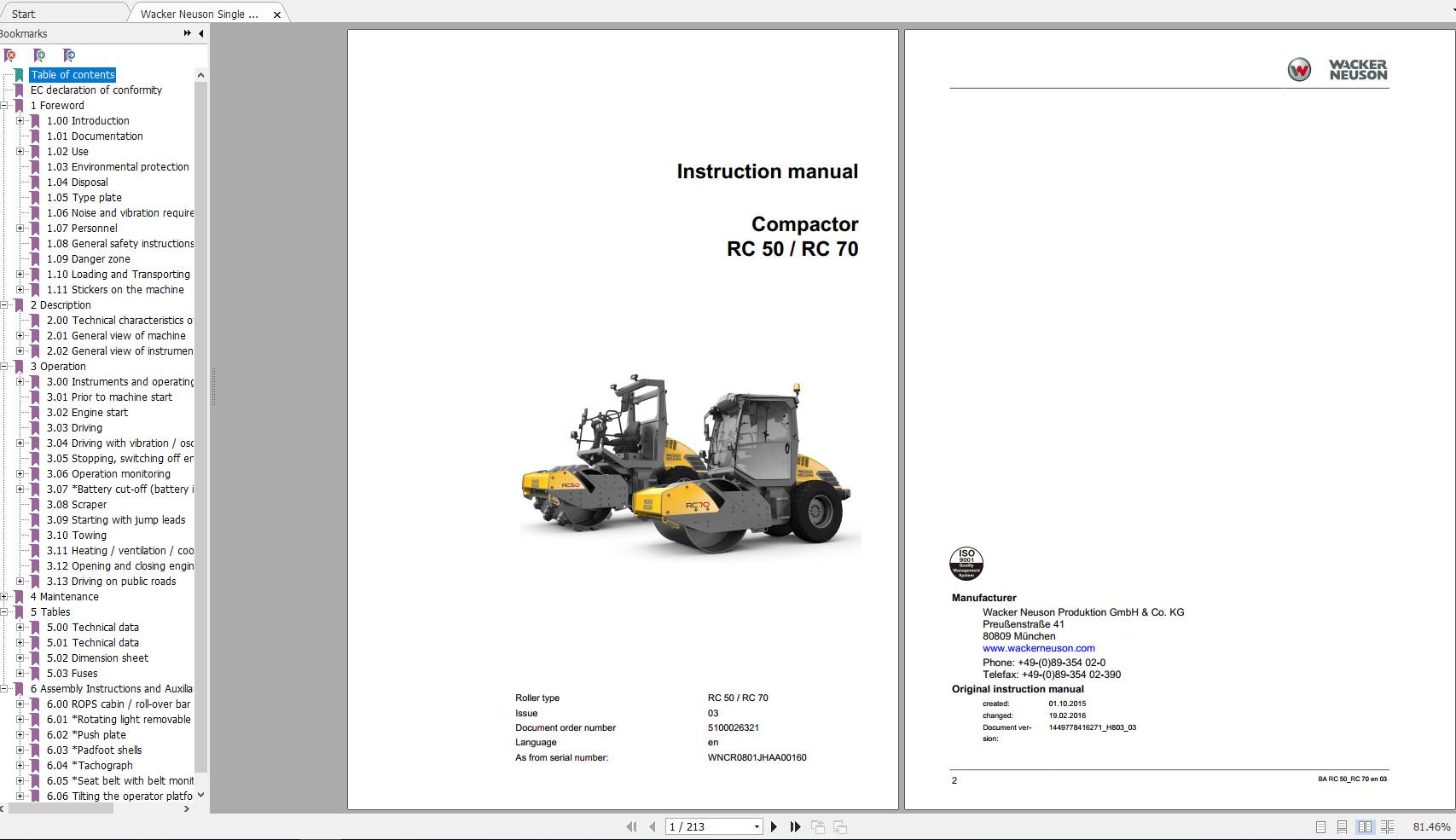 Wacker Neuson Single Drum Roller RC70 Operators Manual 02 2015 5100026321 1