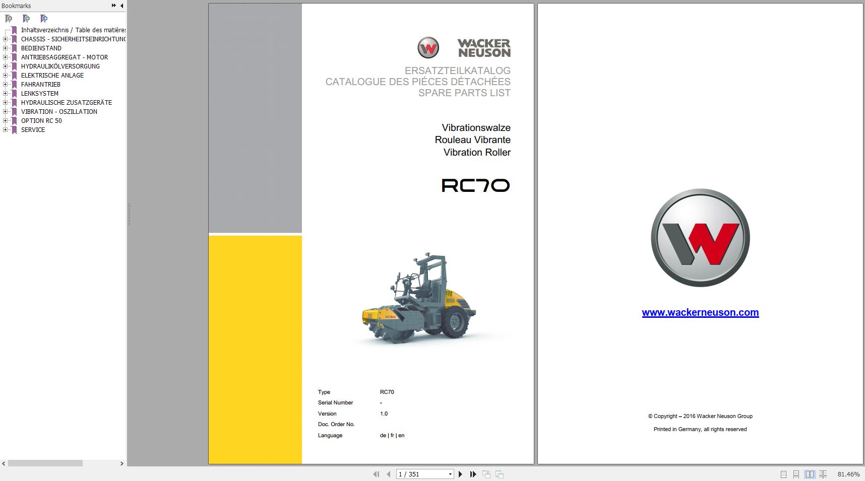 Wacker Neuson Single Drum Roller RC70 Spare Parts Catalog 2016 5100021297 1
