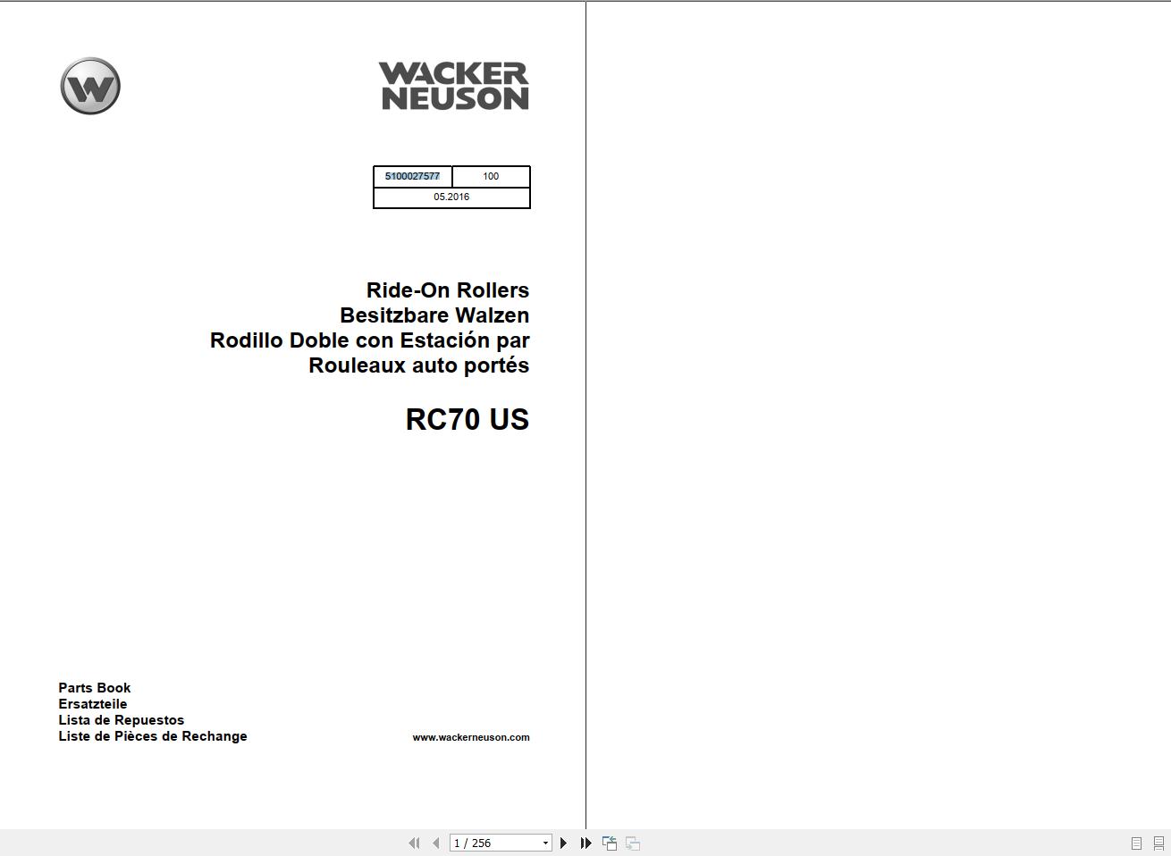 Wacker Neuson Single Drum Roller RC70 US Spare Parts Catalog 05 2016 1