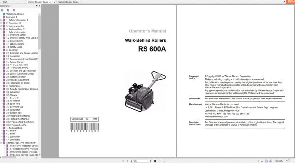 Wacker Neuson Single Drum Roller RS600A Operators Manual Spare Parts Catalog 1