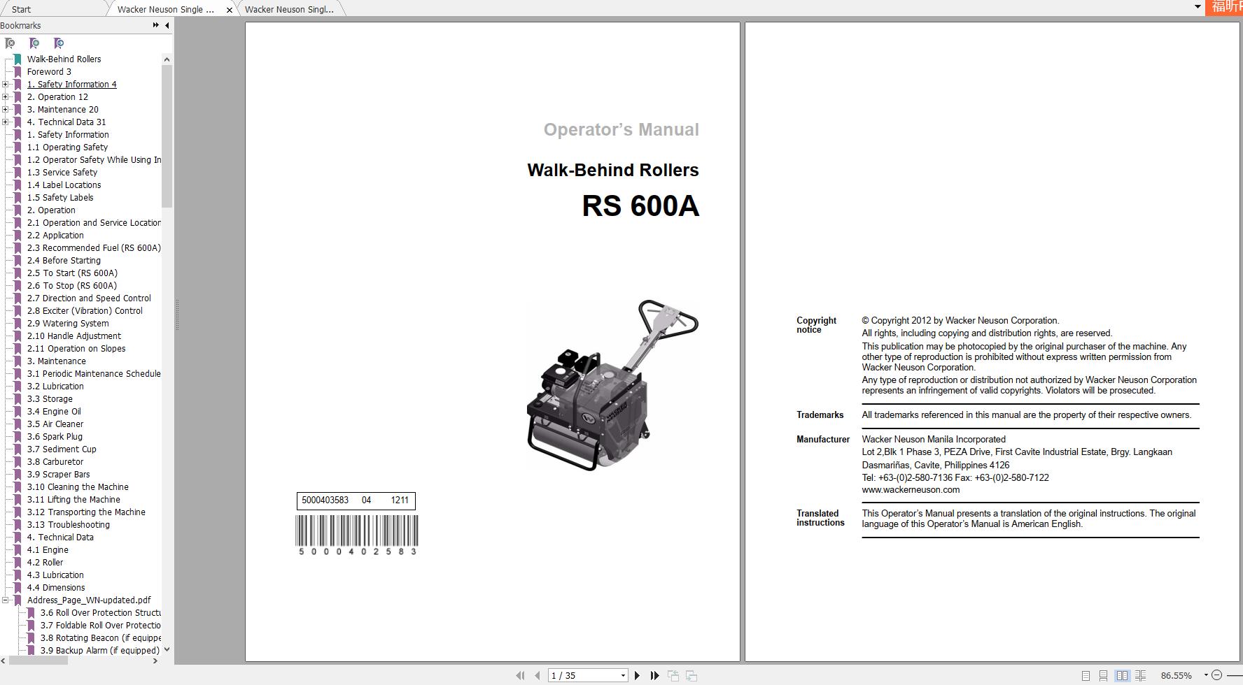 Wacker Neuson Single Drum Roller RS600A Operators Manual Spare Parts Catalog 1