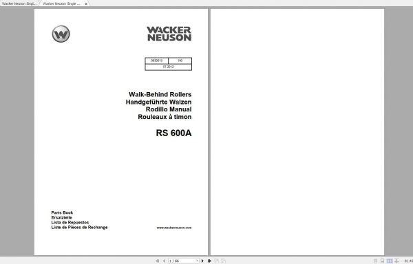Wacker Neuson Single Drum Roller RS600A Operators Manual Spare Parts Catalog 2