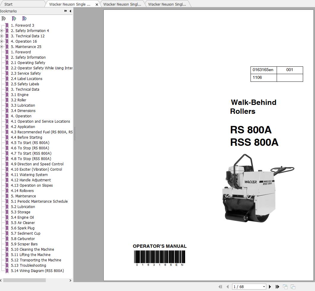 Wacker Neuson Single Drum Roller RS800A Operators Manual Service Manual Spare Parts Catalog 1