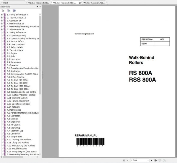 Wacker Neuson Single Drum Roller RS800A Operators Manual Service Manual Spare Parts Catalog 2