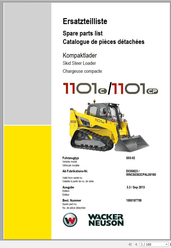 Wacker Neuson Skid Steer Loader Track 1101 Service Operators Parts Manual EN DE FR 1
