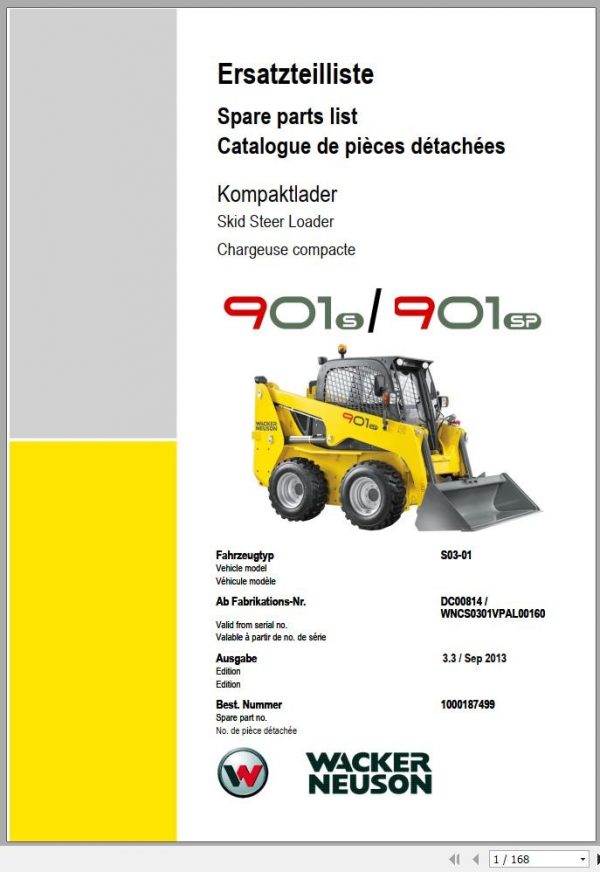 Wacker Neuson Skid Steer Loader Wheel Loaders 901 Operators Service Parts Manual EN DE FR 1