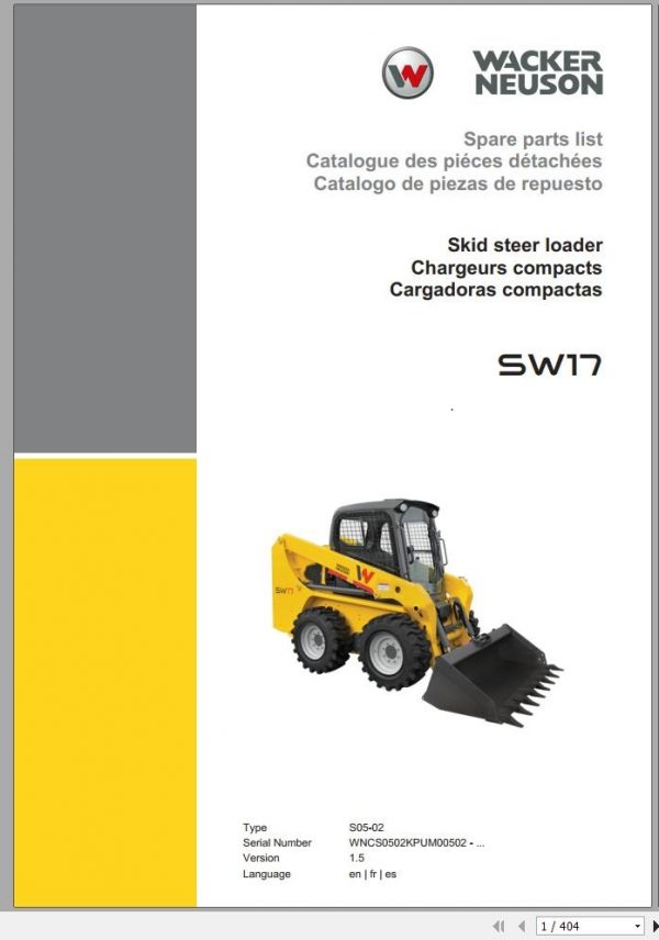 Wacker Neuson Skid Steer Loader Wheel Loaders SW17 Operators Service Parts Manual EN FR ES 1