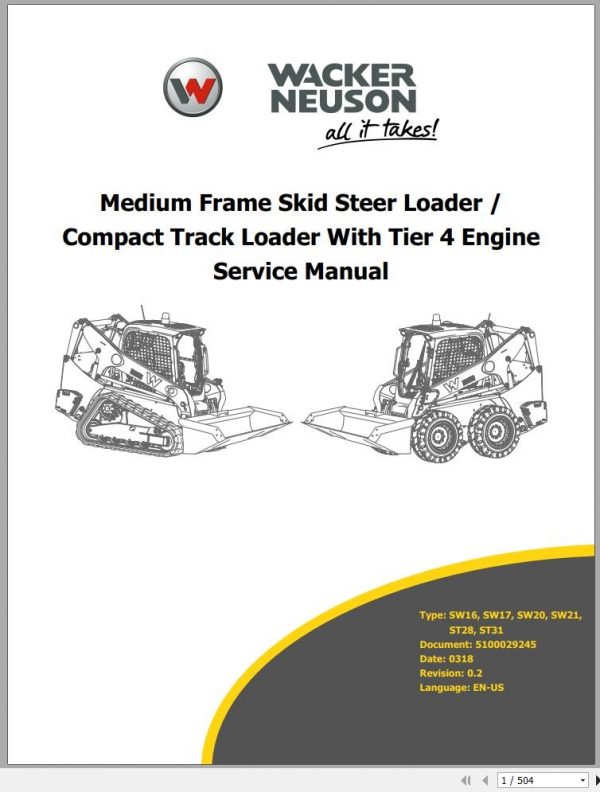 Wacker Neuson Skid Steer Loader Wheel Loaders SW17 Operators Service Parts Manual EN FR ES 2