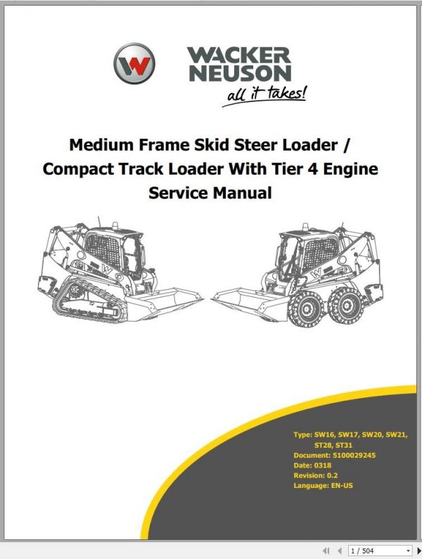 Wacker Neuson Skid Steer Loader Wheel Loaders SW21 Operators Service Parts Manual EN FR ES 2