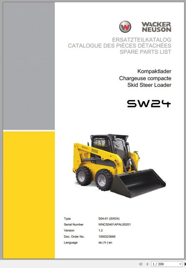 Wacker Neuson Skid Steer Loader Wheel Loaders SW24 Operators Service Parts Manual EN FR DE 1