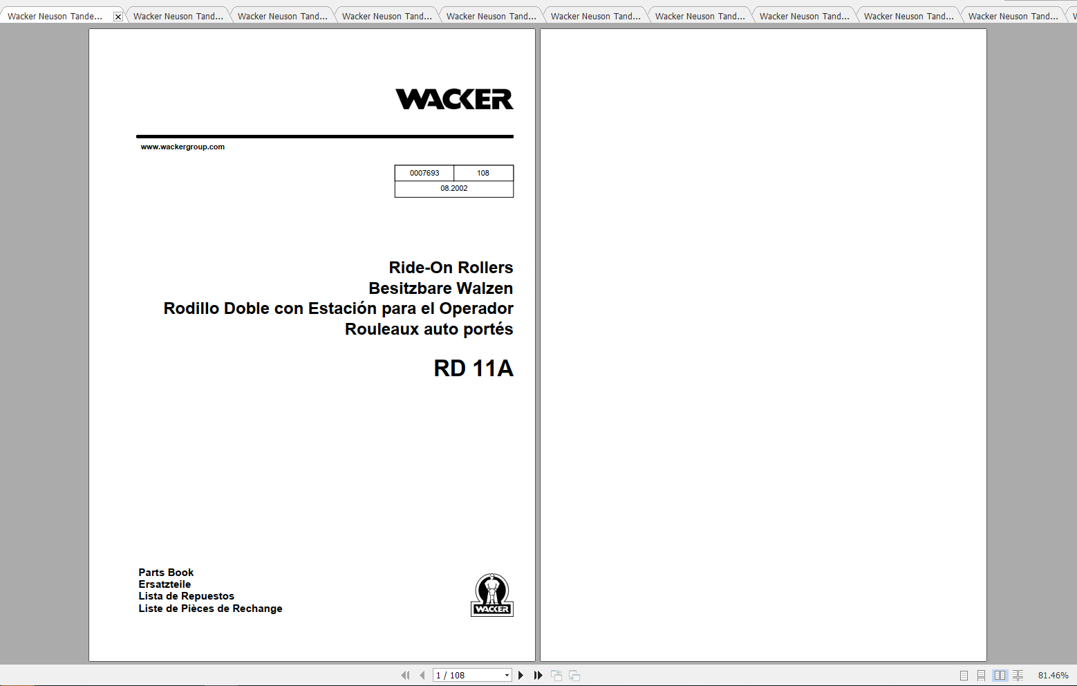 Wacker Neuson Tandem Roller RD11A Operators Manual Service Manual Spare Parts Catalog 0007693 1