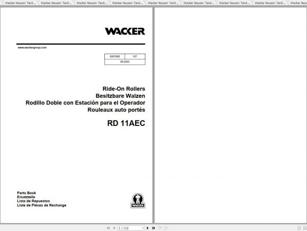 Wacker Neuson Tandem Roller RD11AEC Operators Manual Service Manual Spare Parts Catalog 0007695 1