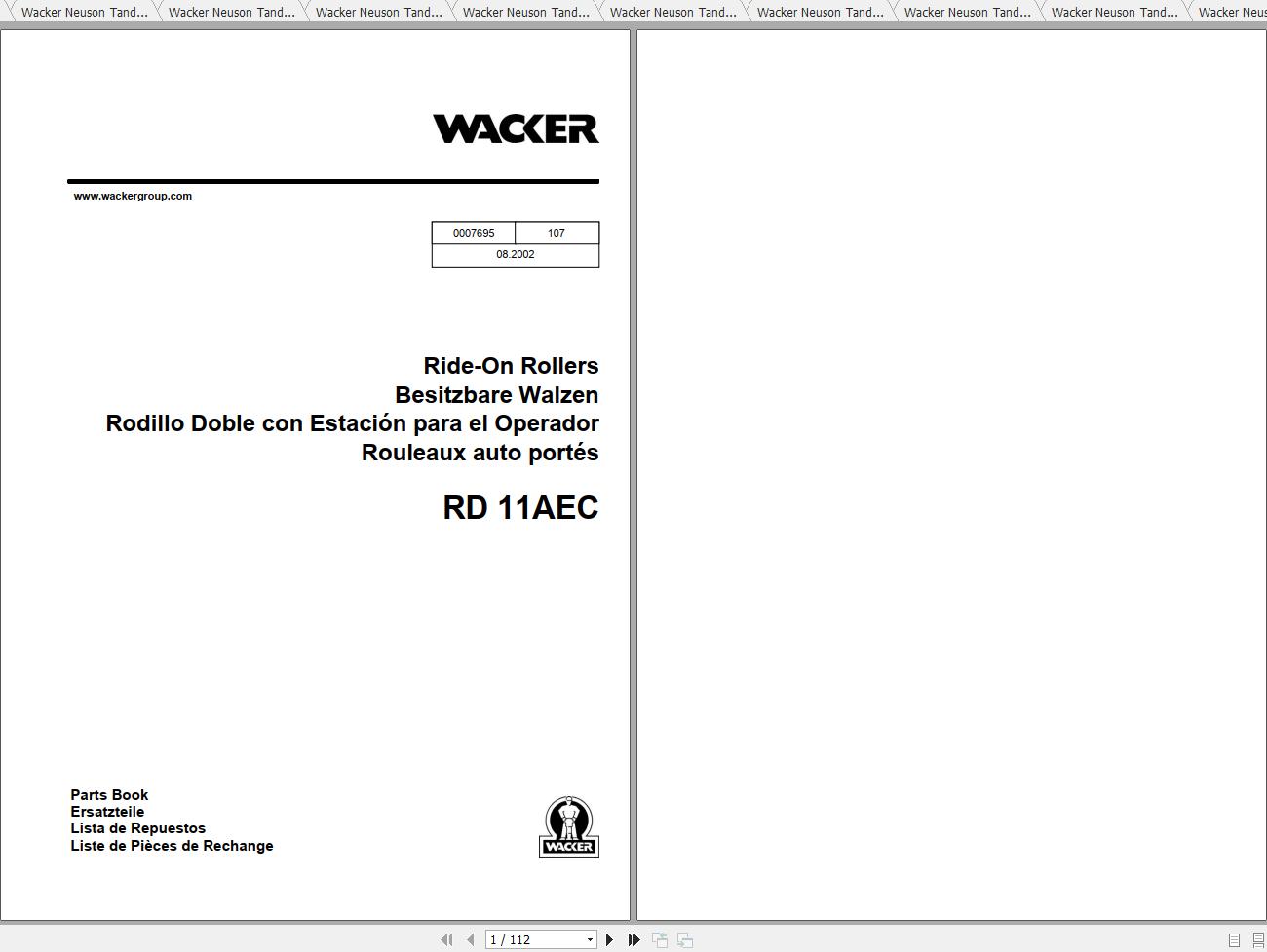 Wacker Neuson Tandem Roller RD11AEC Operators Manual Service Manual Spare Parts Catalog 0007695 1