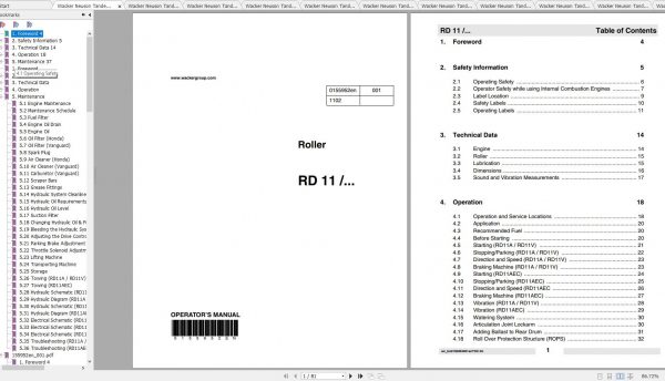 Wacker Neuson Tandem Roller RD11AEC Operators Manual Service Manual Spare Parts Catalog 0007695 3