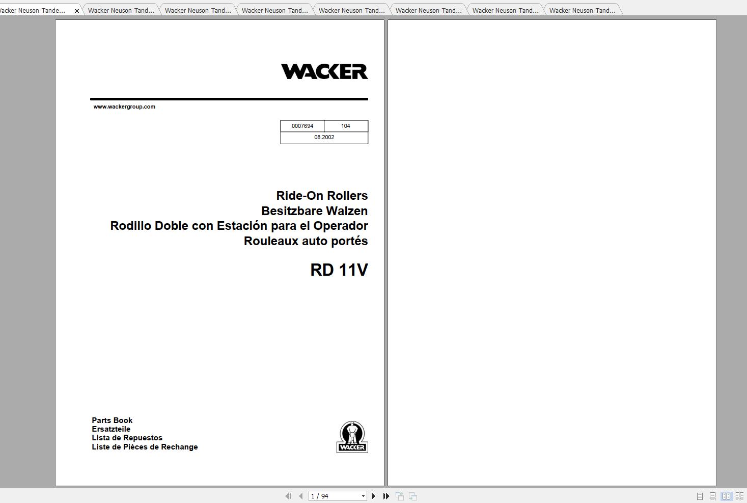 Wacker Neuson Tandem Roller RD11V Operators Manual Service Manual Spare Parts Catalog 0007694 1