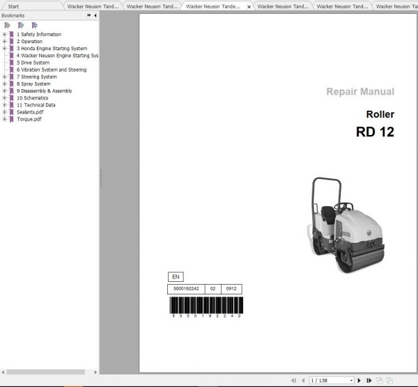 Wacker Neuson Tandem Roller RD12A Operators Manual Service Manual Spare Parts Catalog 0620058 1