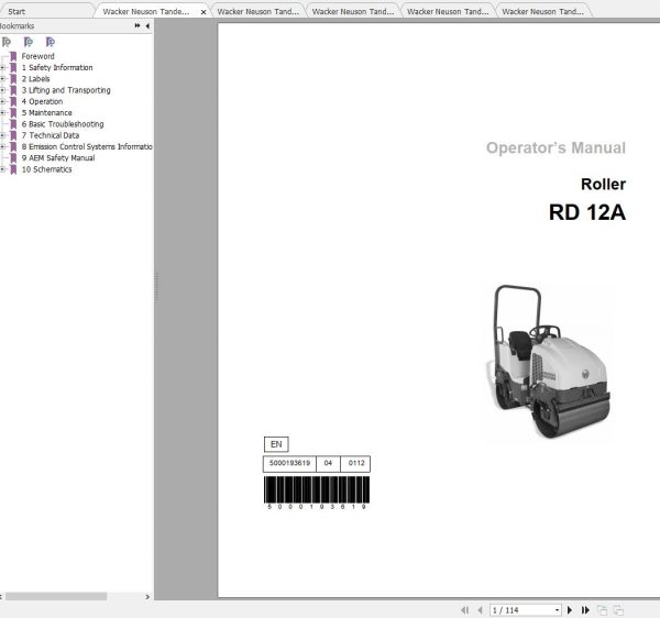 Wacker Neuson Tandem Roller RD12A Operators Manual Service Manual Spare Parts Catalog 0620369 1