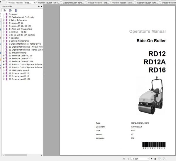 Wacker Neuson Tandem Roller RD16 Operators Manual Service Manual Spare Parts Catalog 2
