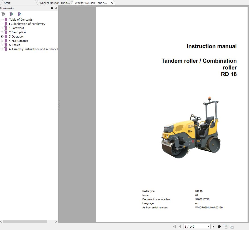 Wacker Neuson Tandem Roller RD18 Operators Manual Spare Parts Catalog 5100011383 1