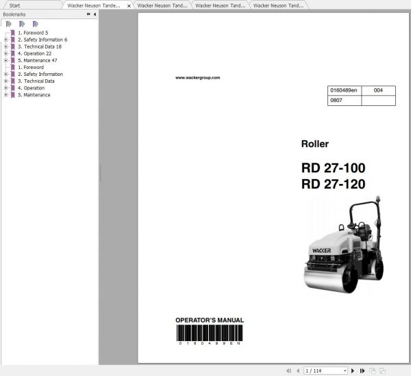 Wacker Neuson Tandem Roller RD27 Operator Service Manual Spare Parts Catalog 0620038 1