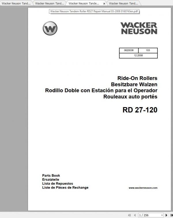 Wacker Neuson Tandem Roller RD27 Operator Service Manual Spare Parts Catalog 0620038 2