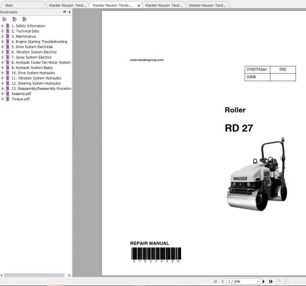 Wacker Neuson Tandem Roller RD27 Operator Service Manual Spare Parts Catalog 0620038 3