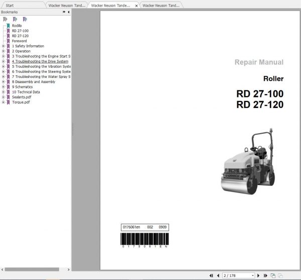 Wacker Neuson Tandem Roller RD27 Operators Manual Service Manual Spare Parts Catalog 0620393 1