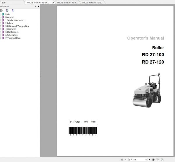 Wacker Neuson Tandem Roller RD27 Operators Manual Service Manual Spare Parts Catalog 0620393 2