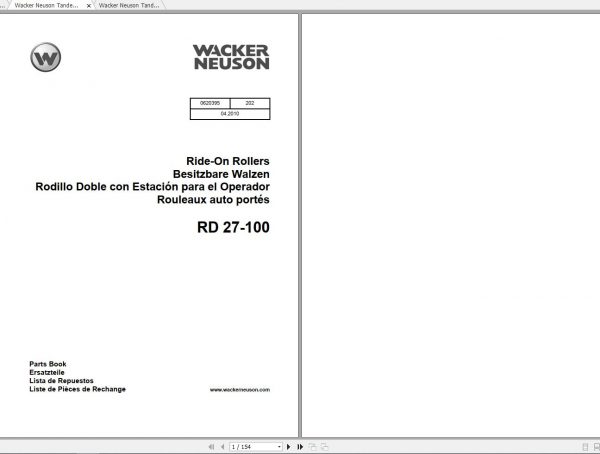 Wacker Neuson Tandem Roller RD27 Operators Manual Service Manual Spare Parts Catalog 0620395 1
