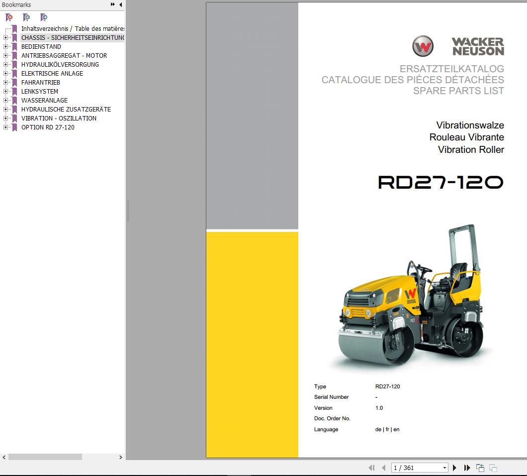 Wacker Neuson Tandem Roller RD27 Operators Manual Spare Parts Catalog 5100011386 1