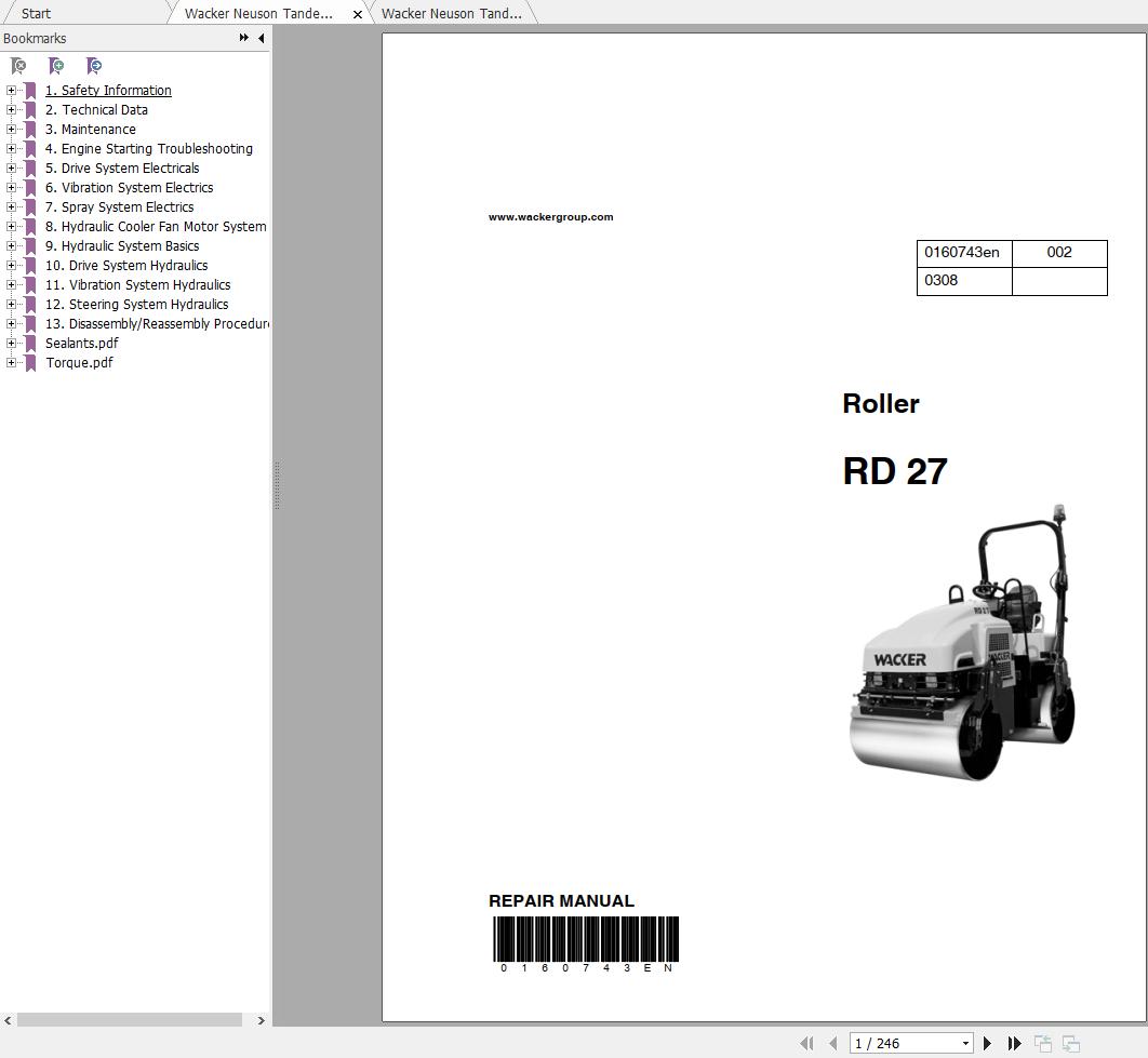 Wacker Neuson Tandem Roller RD27 Service Manual Spare Parts Catalog 0620037 1