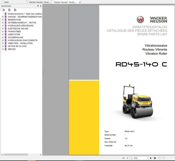 Wacker Neuson Tandem Roller RD45 Operators Manual Spare Parts Catalog 5100011394 1