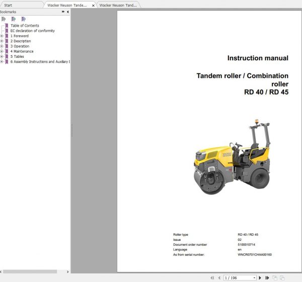 Wacker Neuson Tandem Roller RD45 Operators Manual Spare Parts Catalog 5100011394 2