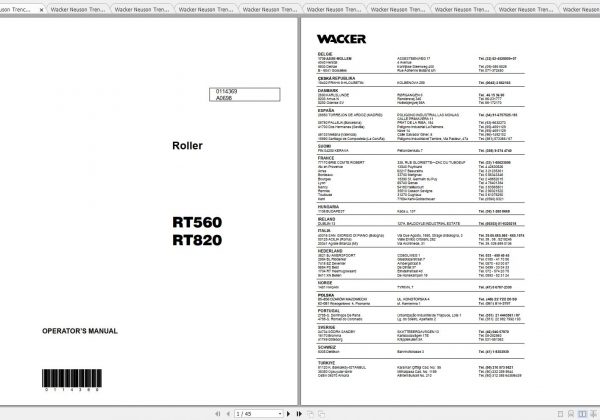 Wacker Neuson Tandem Roller RT 820 Operators Manual Service Manual Spare Parts Catalog 0007644 1