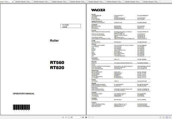 Wacker Neuson Tandem Roller RT 820 Operators Manual Service Manual Spare Parts Catalog 0007652 1