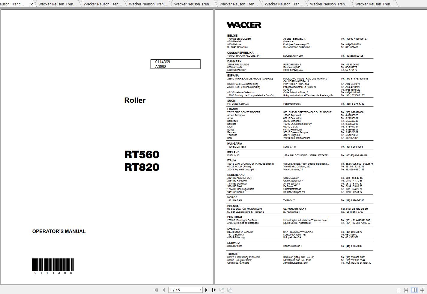 Wacker Neuson Tandem Roller RT 820 Operators Manual Service Manual Spare Parts Catalog 0007652 1