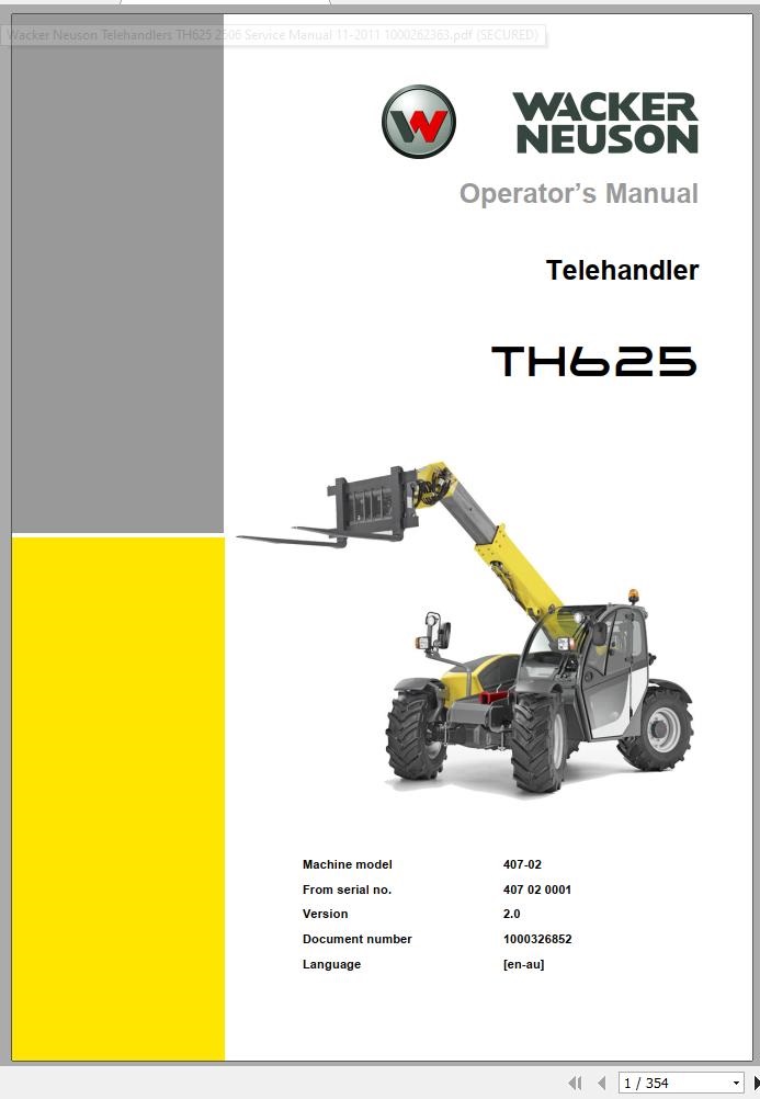 Wacker Neuson Telehandlers TH625 Operators Service Parts Manual EN DE FR 2